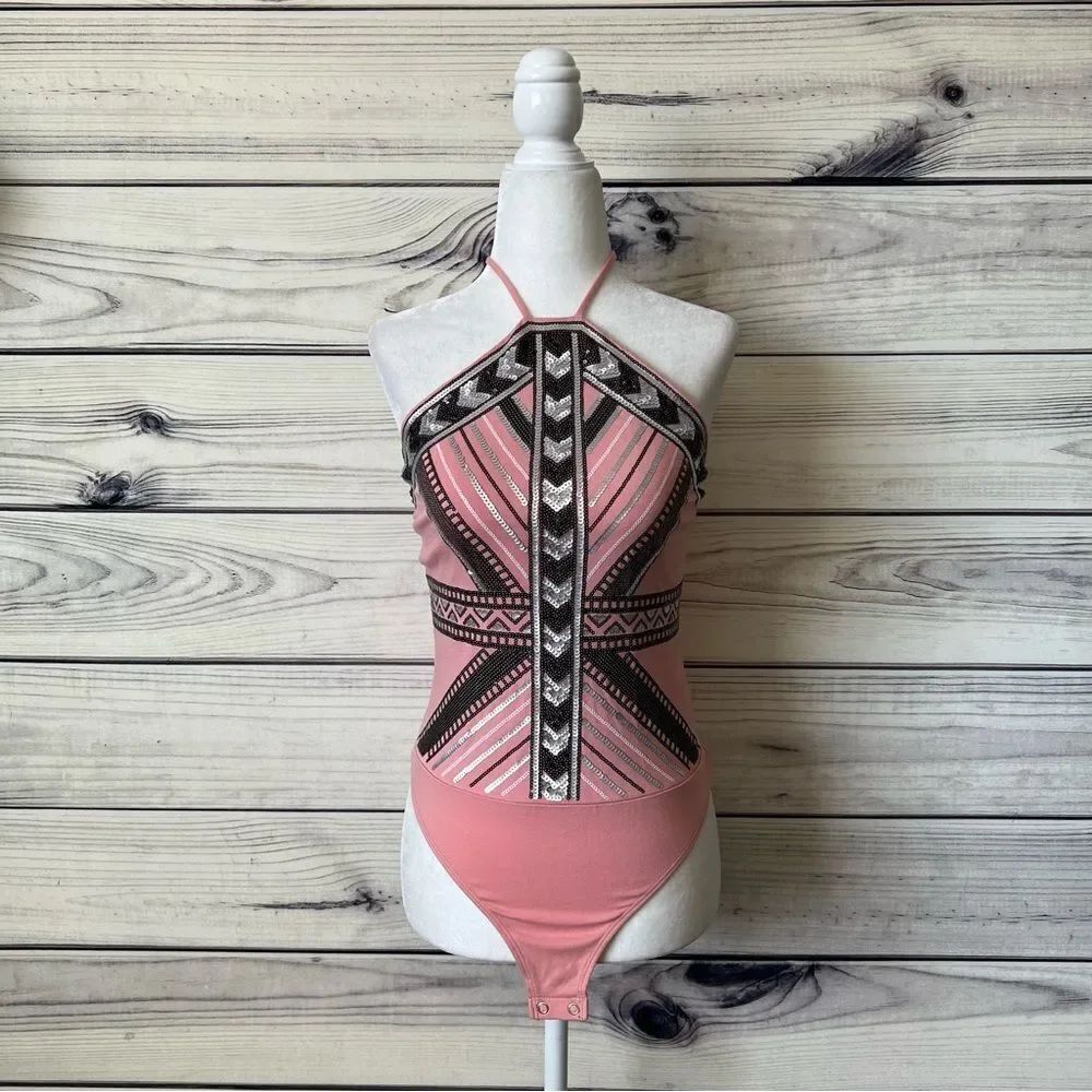 Express Pink Sequin Patterned Halter Bodysuit
